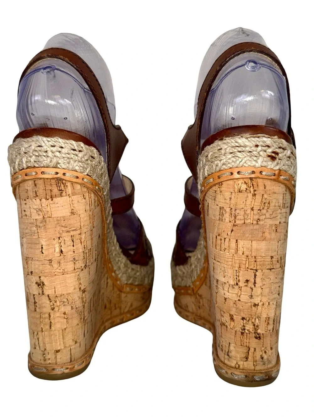 PRADA BROWN LEATHER STRAPPY SANDALS WITH CORK WEDGE HEELS